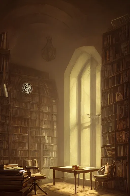 Prompt: a fantasy library interior with small windows in the late evening with dusty atmosphere, digital painting by Dominik Mayer