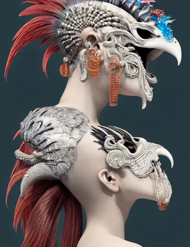 Image similar to 3 d goddess close - up profile portrait punk with mohawk with ram skull. beautiful intricately detailed japanese crow kitsune mask and clasical japanese kimono. betta fish, jellyfish phoenix, bio luminescent, plasma, ice, water, wind, creature, artwork by tooth wu and wlop and beeple and greg rutkowski