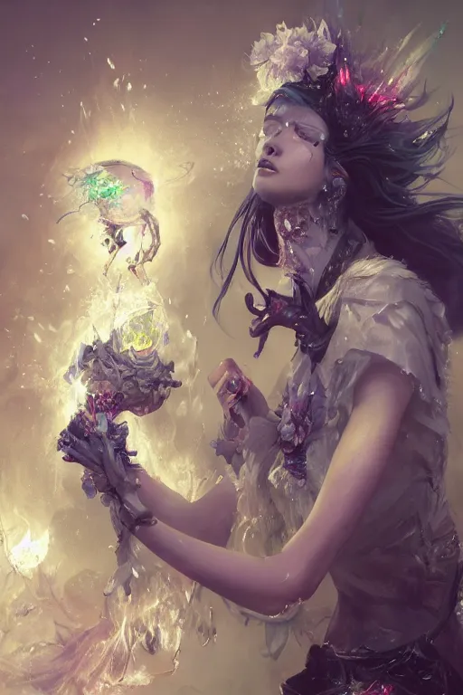 Image similar to beautiful girl necromancer, witch - doctor covered with ice exploding into flowers, angels, 3 d render, hyper - realistic detailed portrait, holding fire and electricity, ruan jia, wlop. scifi, fantasy, magic the gathering, hyper detailed, octane render, concept art, peter mohrbacher