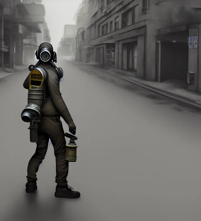 Image similar to a man wearing gas mask, holding shotgun, running on the street full of people, no one notice him. concept art, unreal engine 5, maya