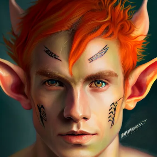 Image similar to portrait painting of an elven young man with short light orange hair and tribal tattoos on his face wearing fur armor, sharp focus, award - winning, trending on artstation, masterpiece, highly detailed, intricate. art by merwild and ernesto irawan and rachel denton