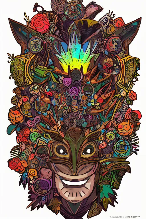 Image similar to animal mask totem roots flower tribal feather gemstone plant wood rock shaman vodoo video game vector cutout illustration vivid multicolor borderlands comics by josan gonzales and dan mumford radiating a glowing aura