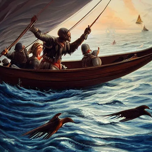 Image similar to a black bird standing at the helm of a wooden rowboat filled with dnd fighters sailing towards a ancient sailboat, painting by artgerm and Jeff Easley