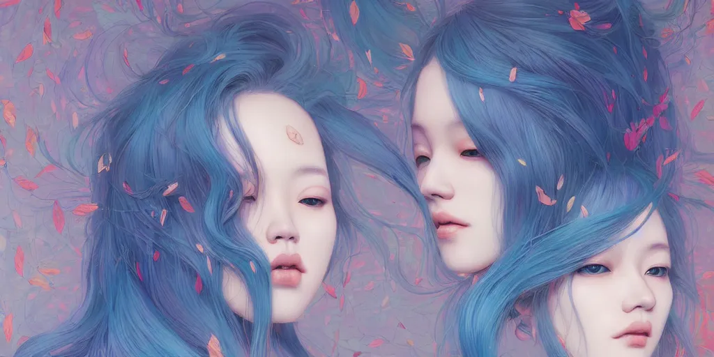 Image similar to breathtaking detailed concept art painting pattern with gradient pastel colors of blue hair faces goddesses amalgamation autumn leaves, by hsiao - ron cheng and james jean, bizarre compositions, exquisite detail, 8 k