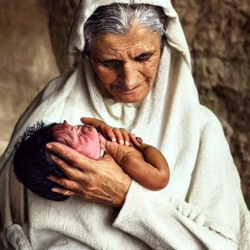 Image similar to dramatic film still of 80 year old sentimental Mediterranean skinned woman in ancient Canaanite clothing holding a newborn baby, crying, awe, love, ancient interior tent background, Biblical epic movie