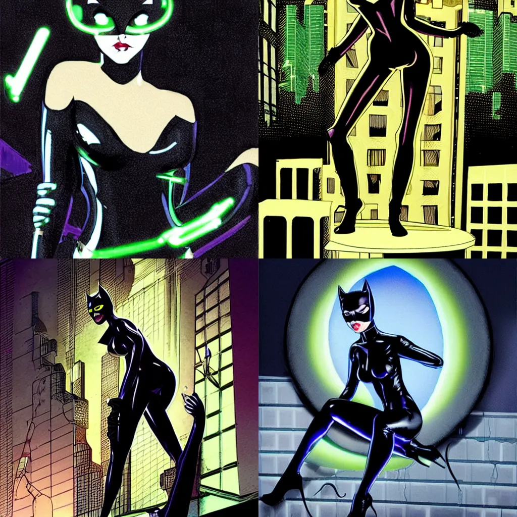 Prompt: catwoman prowling on the rooftop, shiny black latex, neon lights, artwork by adam hughes, moonlight, pensive atmosphere