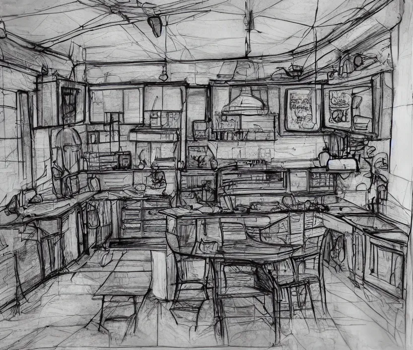 Prompt: An of interior of a kitchen at night, rotoscoped, rotoscope, photoshop, photomanipulation, realism, painting, illustration and sketch, weird scribbles, hybrid styles, hybrid art styles, mismatched, trending on artstation, trending on deviantart, weird, quirky, interesting, very detailed, highly detailed, HD Quality, 4k resolution, 8k resolution, in the style of David Firth, in the style of James Lee, in the style of Drue Langlois,