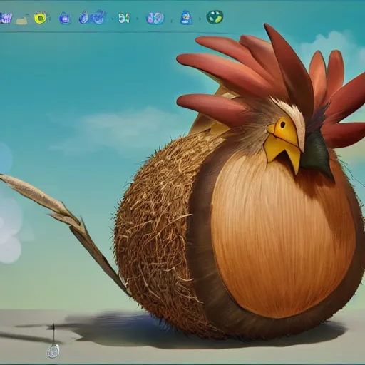 Prompt: a pokemon that looks like a coconuts .A rooster that looks like a coconut, which splits in half into wings,Trending on art station. Unreal engine.