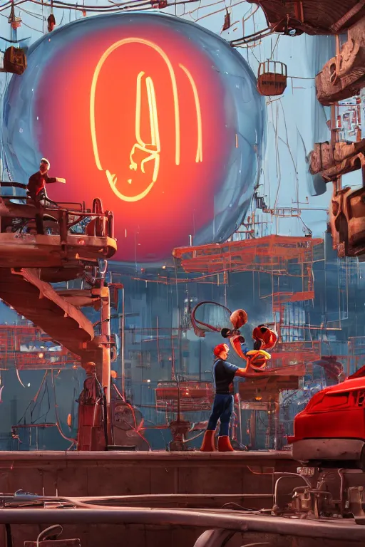 Image similar to workers / mechanic working on mickey mouse giant head, big red glowing netflix logo in behind wall, low cinematic lighting, front lit, beeple, cgsociety, unreal engine, octane render, trending on art station, highly detailed 4 k art, intricate, hyperr realistic