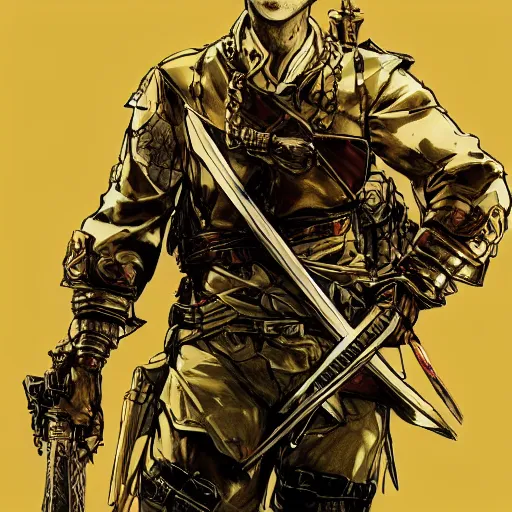 Image similar to portrait of a hero holding his sword in front of his face by yoji shinkawa, high quality, extra details, realism, ornate, colored, golden chain, blood, white skin, short hair, brown eyes, vivid, sunlight, dynamic, american man, freedom, white american soldier, ball point pen