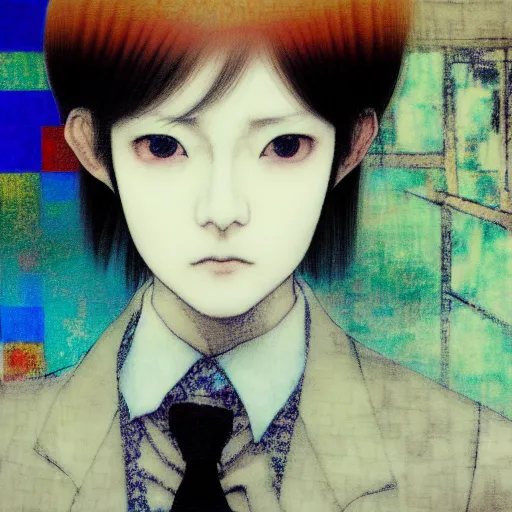 Image similar to yoshitaka amano blurred and dreamy realistic three quarter angle portrait of a young woman with short hair and black eyes wearing office suit with tie, junji ito abstract patterns in the background, satoshi kon anime, noisy film grain effect, highly detailed, renaissance oil painting, weird portrait angle, blurred lost edges