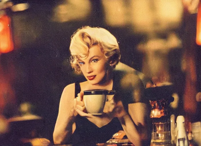 Image similar to a close - up, color cinema film still of a marlin monroe drinking coffee at a starbucks, ambient lighting at night, from matrix ( 1 9 9 9 ).