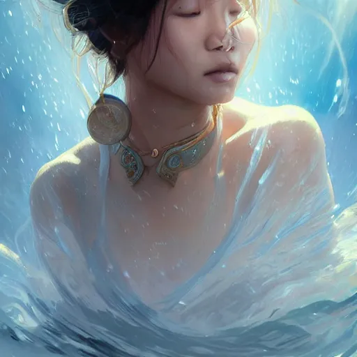 Image similar to Asian female water elemental, lifelike, portrait, highly detailed, digital painting, artstation, concept art, sharp focus, illustration, cinematic lighting, art by artgerm and greg rutkowski and alphonse mucha