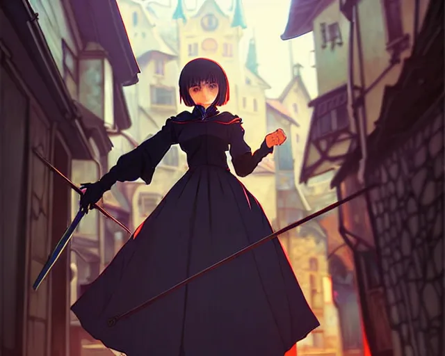 Image similar to ilya kuvshinov, moody, key anime visual portrait of a young female witch walking through a busy medieval village, dynamic pose, dynamic perspective, cinematic, dramatic lighting, muted colors, detailed silhouette, textured, anime proportions, alphonse mucha, perfect anime face,, yoh yoshinari, takashi murakami