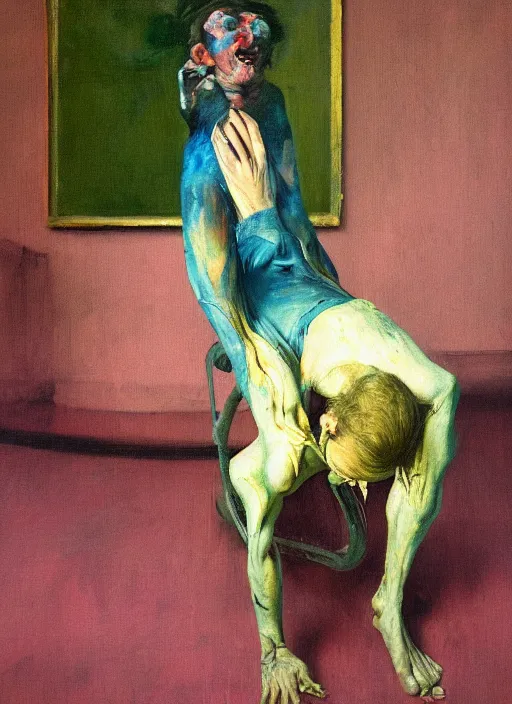 Prompt: an insane, skinny, artist wearing torn overalls, expressive emotions, inside a grand messy studio, depth of field, hauntingly surreal, highly detailed oil painting, by francis bacon, edward hopper, adrian ghenie, glenn brown, soft light 4 k in pink, green and blue colour palette, cinematic composition, high quality octane render, masterpiece