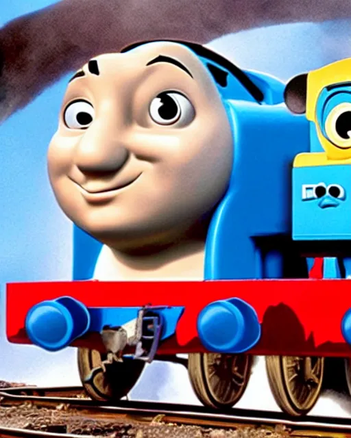 Image similar to Film still close-up shot of Dwayne Johnson as the Thomas the Tank Engine from the movie Thomas and the Magic Railroad. Photographic, photography