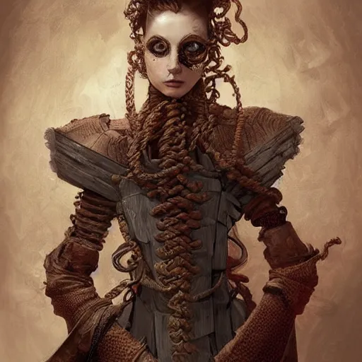 Image similar to portrait of a Shibari rope wrapped face and neck, headshot, insanely nice professional hair style, dramatic hair color, digital painting, of a old 15th century, old cyborg merchant, amber jewels, baroque, ornate clothing, scifi, realistic, hyper detailed, chiaroscuro, concept art, art by Franz Hals and Jon Foster and Ayami Kojima and Amano and Karol Bak,