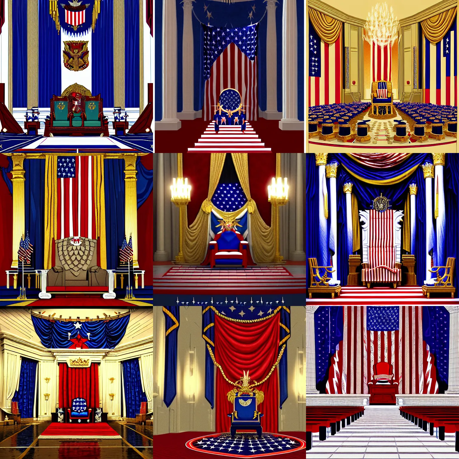 Prompt: hyper militaristic throne room of the united states presidents throne room, fantasy art, trending on artstation, patriotic, fourth of july, god bless america by john blanche