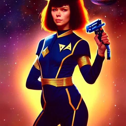 Prompt: a inspiring uhd photorealistic portrait of a cosmic feline humanoid starfleet officer holding a phaser, fantasy, sharp focus, intricate, sci - fi, artstation, matte, hyperdetailed, concept art, illustration, studio lighting, art by ilya kuvshinov, artgerm, alphonse mucha, amano, and karol bak