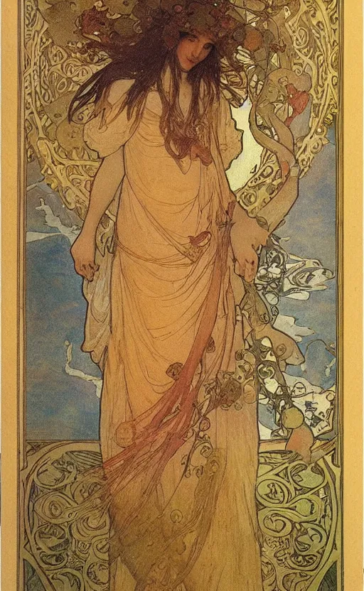 Prompt: the fool, tarot, beautiful border, by alfons maria mucha, highly detailded