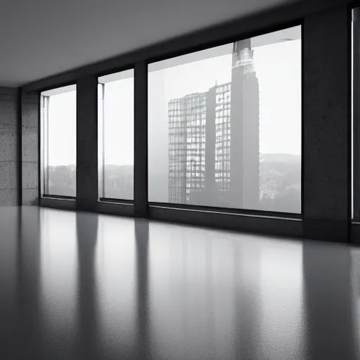 Prompt: brutalist corporate executive offcie room interior design concept big windows minimalist furnitrue by martyn lawrence bullard design high quality ultra realistic 8 k