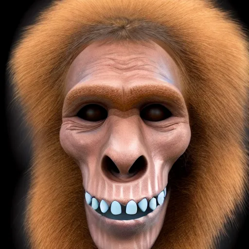 Prompt: color photograph of a smiling neanderthal with a missing tooth and face scar., photorealistic, 4 k, nikon, cannon