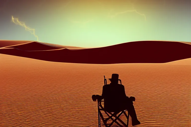 Image similar to a man is sitting on the chair in the desert and his arms and legs are melting, surreal, 4k, ultra details, cinematic, epic style, beautiful photo, hyper realistic, octane render, unreal engine, award winning, on artstation, volumetric lightning, masterpiece, golden hour,