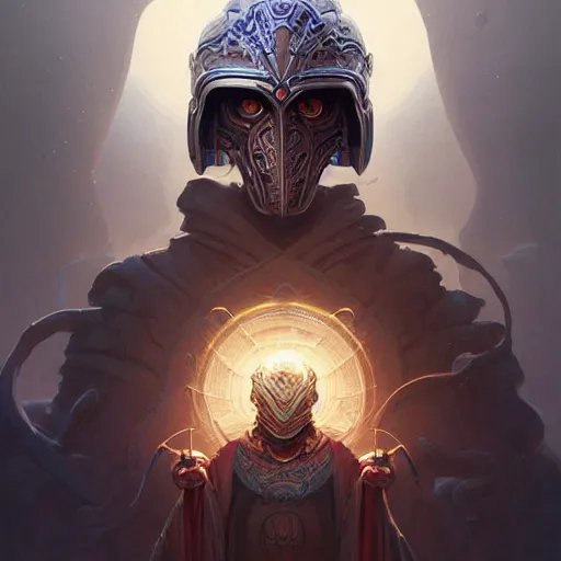 Image similar to professional ominous concept art portrait of a character with a mandala helmet by artgerm and greg rutkowski. an intricate, elegant, highly detailed digital painting, concept art, smooth, sharp focus, illustration, in the style of simon stalenhag, wayne barlowe, and igor kieryluk.