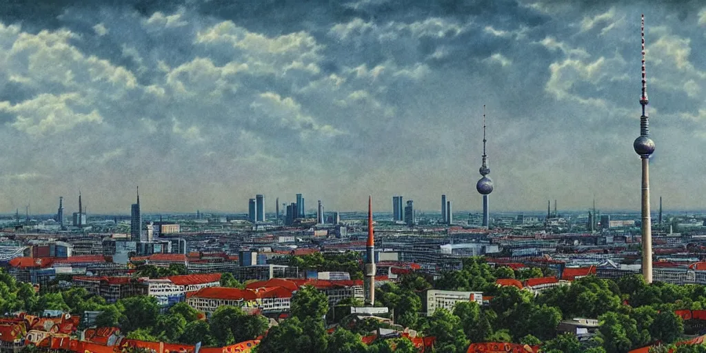 Prompt: berlin skyline with tv tower in the style of raja ravi varma, high detail, realism, 4 k, hdr, digital art, concept art, trending on artstation