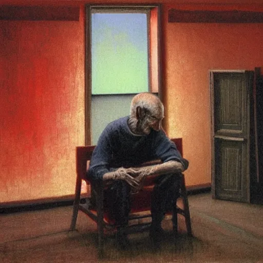 Prompt: older man sitting on a chair in dark basement with red walls and one window, painting by Beksiński,