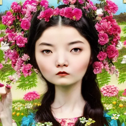 Prompt: a 3 d close up image of a beautiful young women looking at the camera surrounded by lush flowers mark ryden camera, pop japonisme 3 d ultra detailed