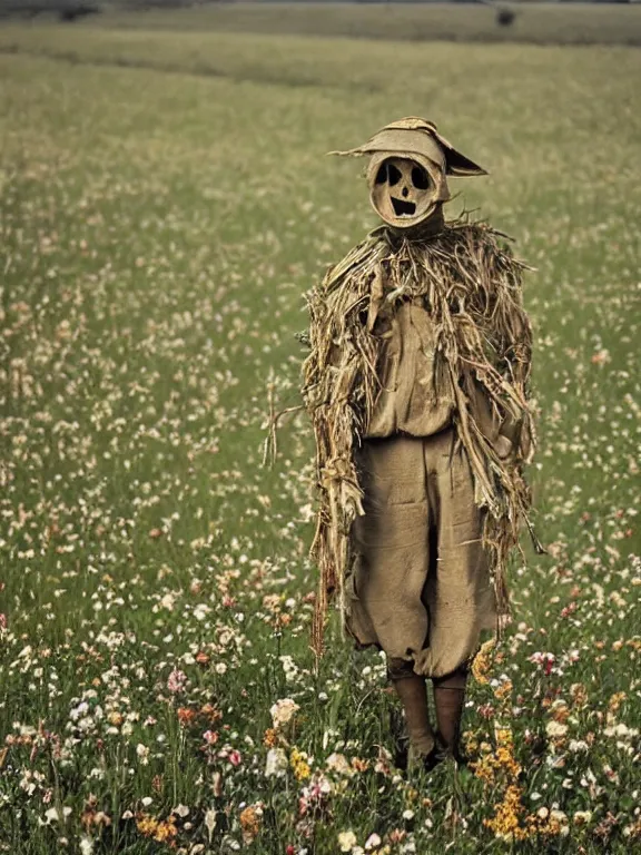 Image similar to human-like scarecrow wearing torn military clothes in beautiful meadow of flowers, ww1 photo, grainy, high detail, high resolution,