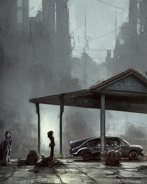 Prompt: a highly detailed epic cinematic concept art CG render digital painting artwork: old dead couple at a decayed gas station surrounded by dark figures. By Greg Rutkowski, in the style of Francis Bacon and Syd Mead and Edward Hopper and Norman Rockwell and Beksinski, open ceiling, highly detailed, painted by Francis Bacon, painted by James Gilleard, surrealism, airbrush, Ilya Kuvshinov, WLOP, Stanley Artgerm, very coherent, triadic color scheme, art by Takato Yamamoto and James Jean