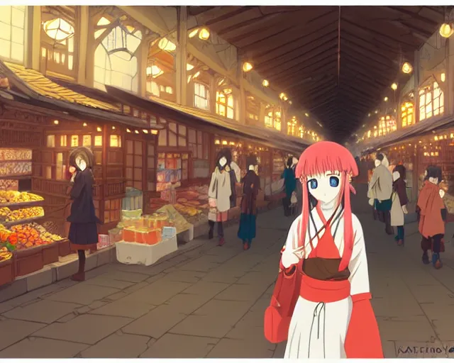 Image similar to anime visual, portrait of a young female traveler in an open medieval market shopping, cute face by katsura masakazu, yoh yoshinari, cinematic luts, cold studio lighting, dynamic pose, dynamic perspective, strong silhouette, anime cels, kyoto animation, cel shaded, rounded eyes