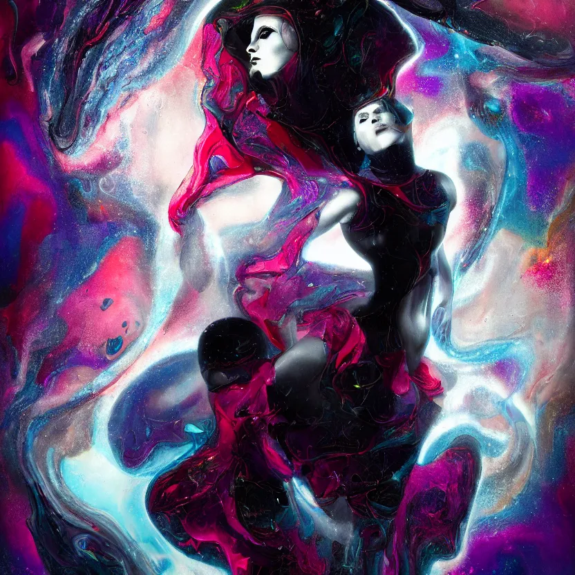 Prompt: a digital painting of a technomancer woman attached by love, floating into a dark void. surrounded by synthesized ai djinn hologram, an ultrafine detailed painting by alberto seveso, a silk screen by julian schnabel, featured on deviantart, modern european ink painting, photoillustration, impressionism, biomorphic, behance hd, lovecraftian