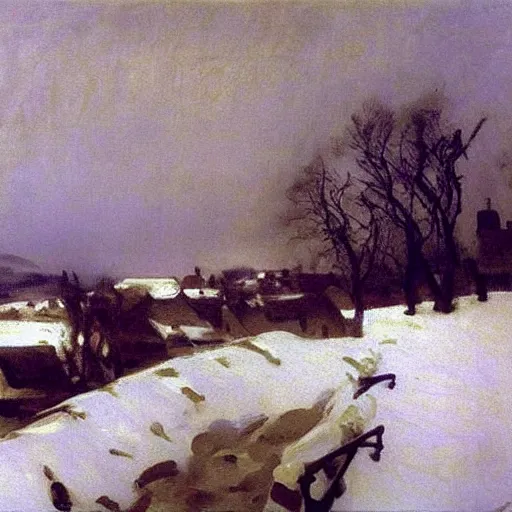 Image similar to A painting of a village during a snow storm, John Singer Sargent