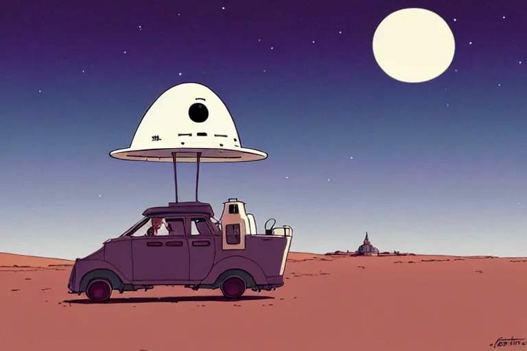 Prompt: a study of a cell shaded cartoon of a giant ufo from howl's moving castle ( 2 0 0 4 ) at night on a desert road, full body, wide shot, very muted colors, post grunge, studio ghibli, laurie greasley, highly detailed, deviantart, art by artgem