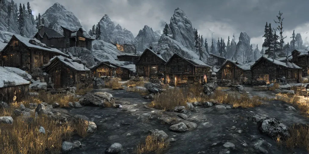 Image similar to a photo of 8k skyrim towns and point of interests, cinematic lighting, trending on artstation, 4k, hyperrealistic, focused, extreme details, unreal engine 5, cinematic, masterpiece