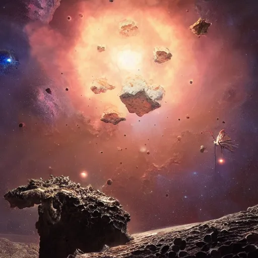 Image similar to A highly detailed Digital art of a meteorite containing an ant colony hive, by Jessica Rossier and Wayne Barlowe Ron Walotsky 8k geology space hubble star nebula