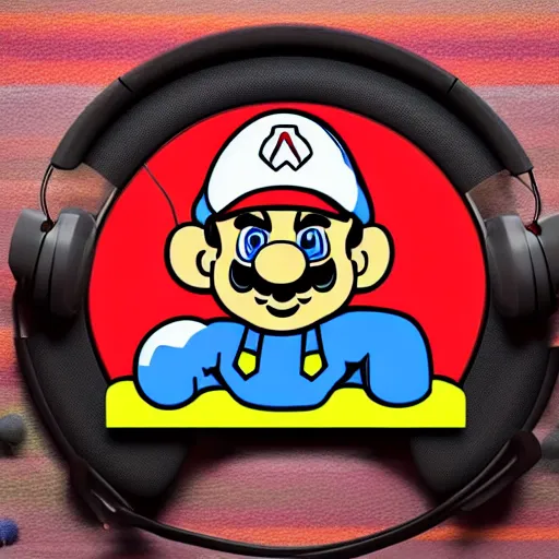 Image similar to svg sticker of a Pop-Wonder SuperMario, Mario-Wearing-a-red-hat, at a rave, spinning records, giant headphones rocking out, wearing headphones, huge speakers, dancing, rave, DJ, spinning records, digital art, amazing composition, rule-of-thirds, award-winning, trending on artstation, featured on deviantart