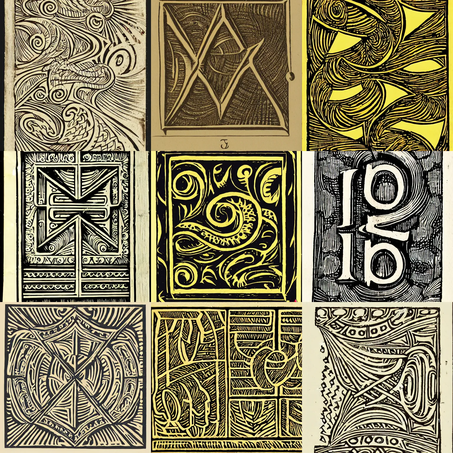 Prompt: woodcut of illustrated letters gilded with animistic contours