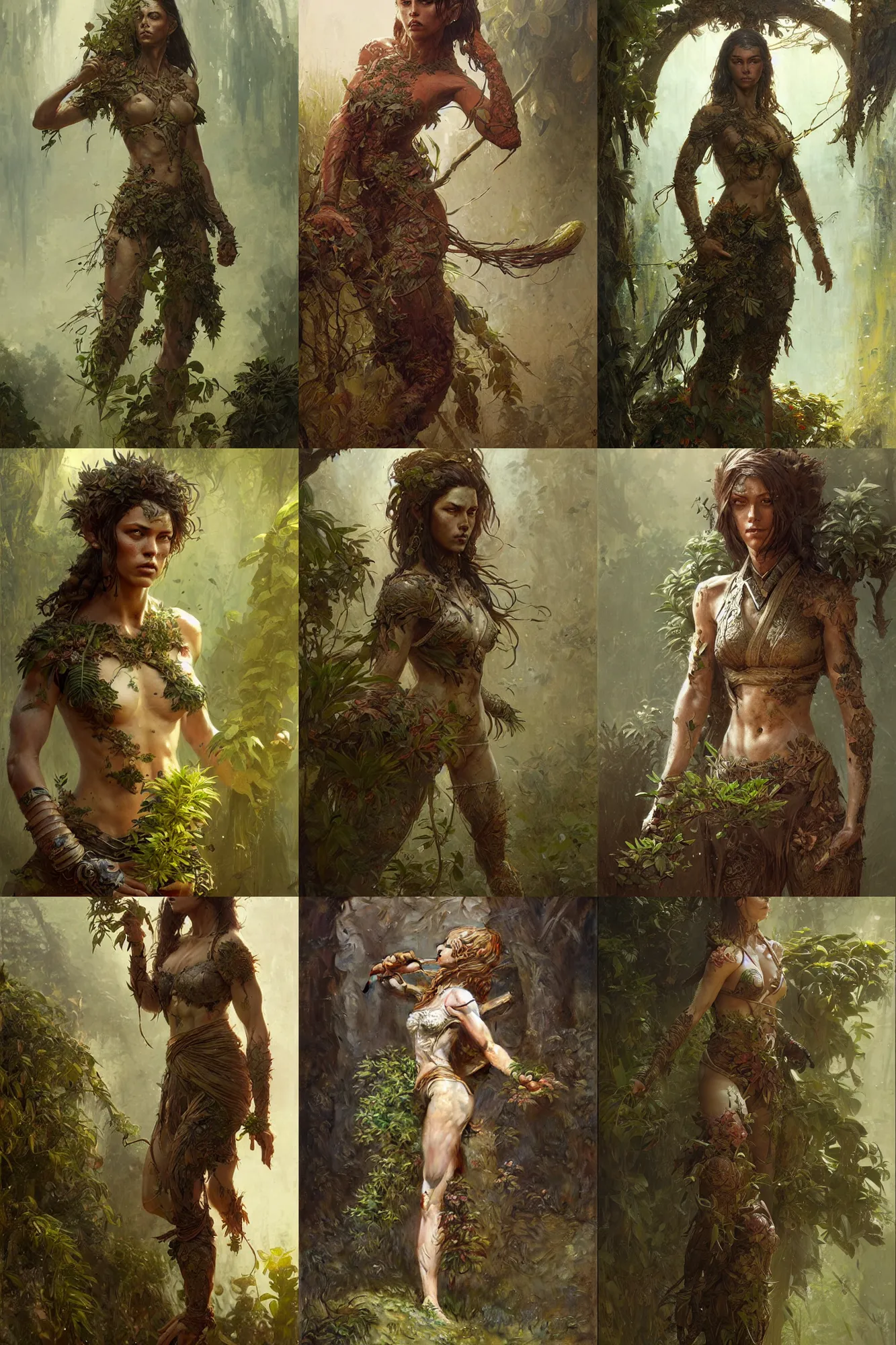 Prompt: martial artist woman made of plants, bark for skin, fantasy character portrait full body concept art, intricate details, by greg rutkowski, gaston bussiere