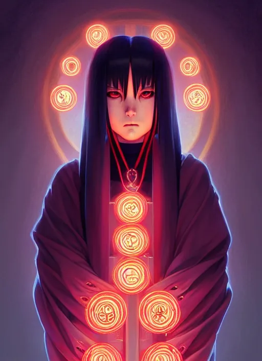 Image similar to symmetry!! itachi, glowing lights!! intricate, elegant, highly detailed, digital painting, artstation, concept art, smooth, sharp focus, illustration, art by artgerm and greg rutkowski and alphonse mucha