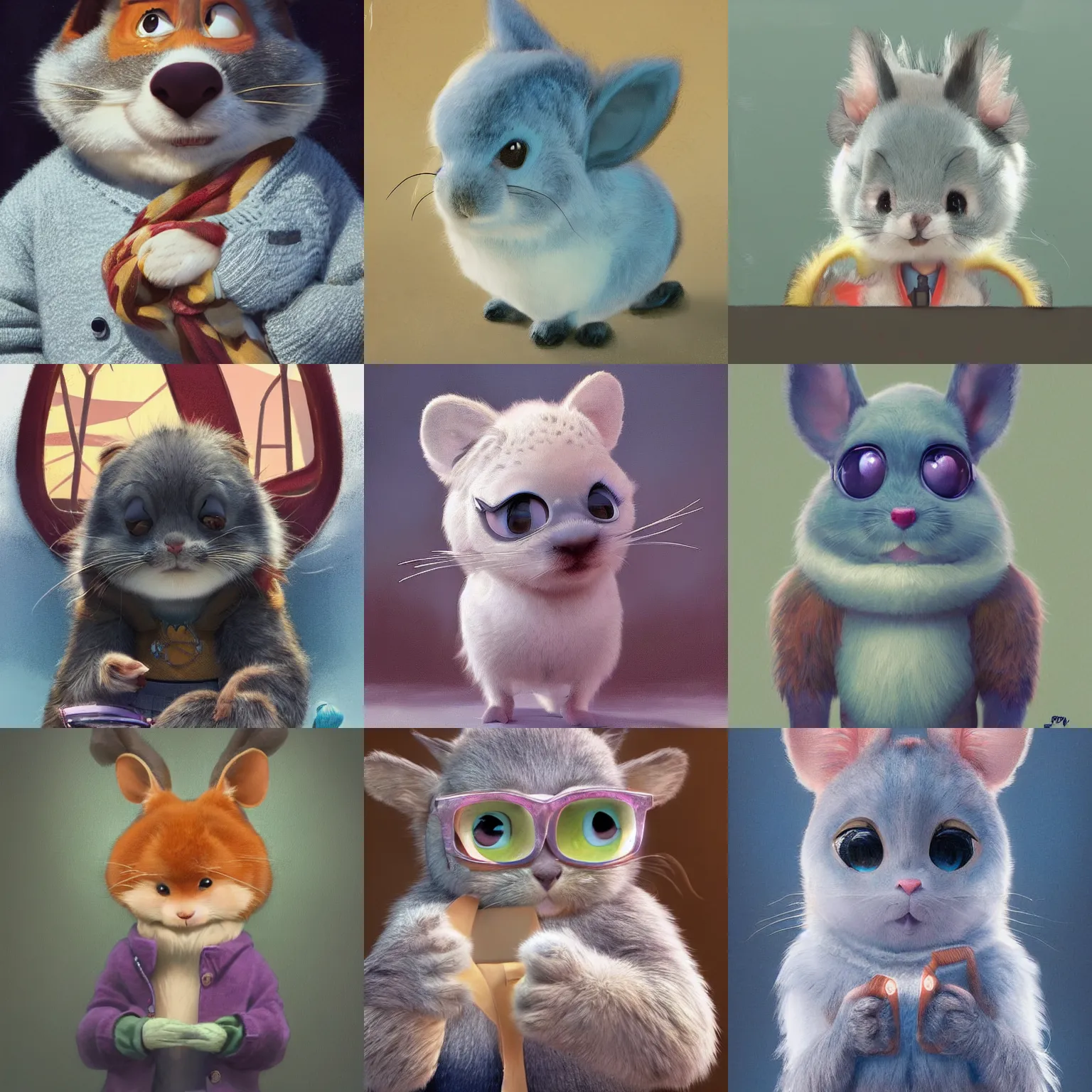 Prompt: promotional art, very very very cute disney pixar chinchilla character wearing a cozy sweater, iconic film character, detailed fur, concept artwork, 3 d render official art, promotional art, by ilya kuvshinov katsuhiro villeneuve, jeremy lipkin and michael garmash and rob rey, disney pixar zootopia