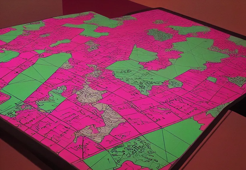 Image similar to “magenta theme, war tactic table with a map on it, unfinished borders, 4k, 3D, view from the side”