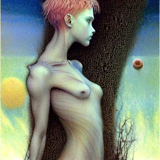 Prompt: cute young vampire tomboy girl with short short short dark hairs on lovecraftian planet by jean delville by luis royo and wayne barlowe, beksinski