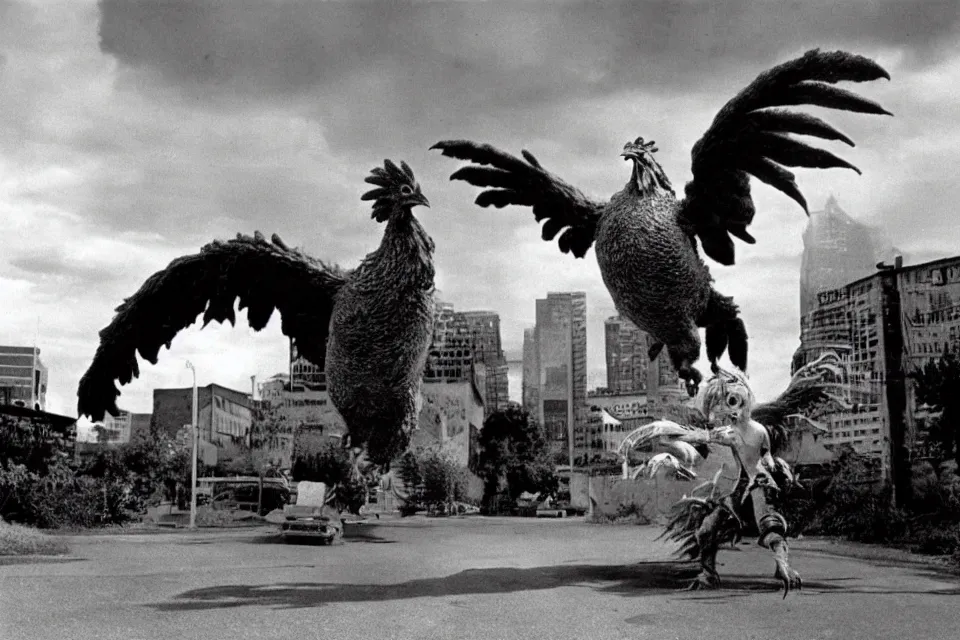 Image similar to still image taken from sci fi horror movie of a giant chicken and monster attacking a city. low camera angle. 1 9 6 0.