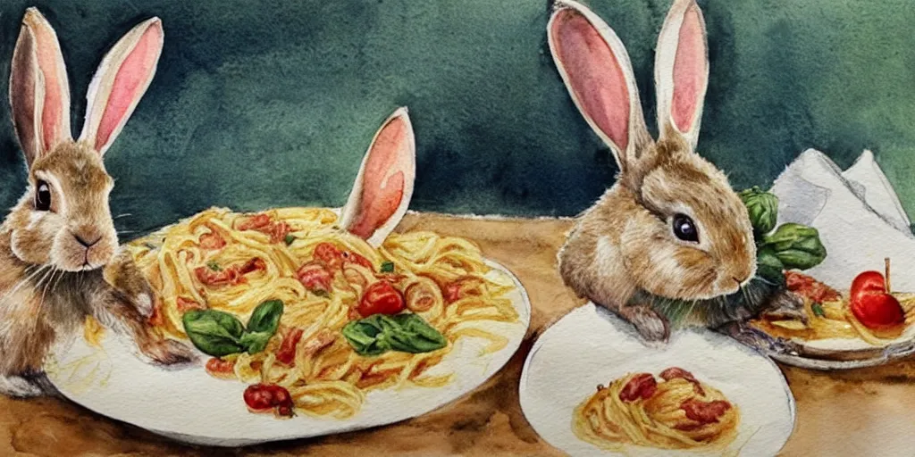 Prompt: a rabbit cooking pasta in a french restaurant, realistic watercolour