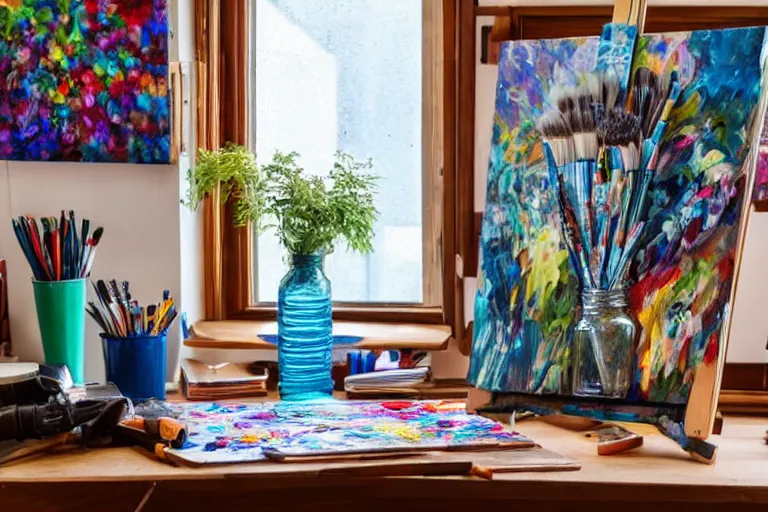 Image similar to artists studio full of art equipment. mason jar full of brushes close view on table easel with paining by window scenic full shot ambient lighting