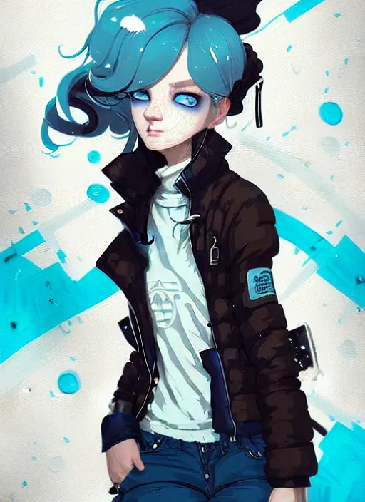 Image similar to highly detailed portrait of a sewer punk lady student, blue eyes, puffy jacket, white hair by atey ghailan, by greg rutkowski, by greg tocchini, by james gilleard, by joe fenton, by kaethe butcher, gradient blue, black, brown and cyan color scheme, grunge aesthetic!!! ( ( graffiti tag wall background ) )